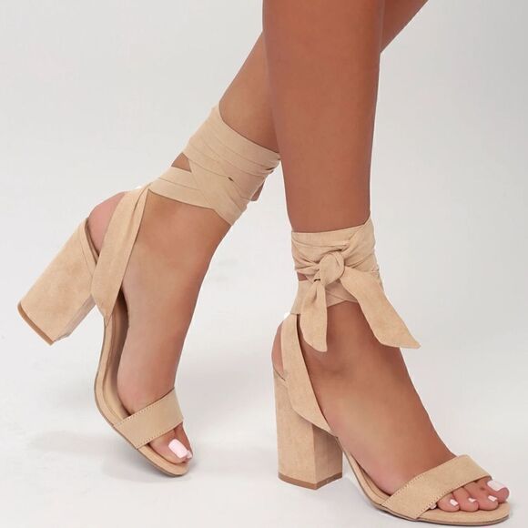Lulus Shoes - Lulu’s Alta Light Nude Suede Lace-Up Heels